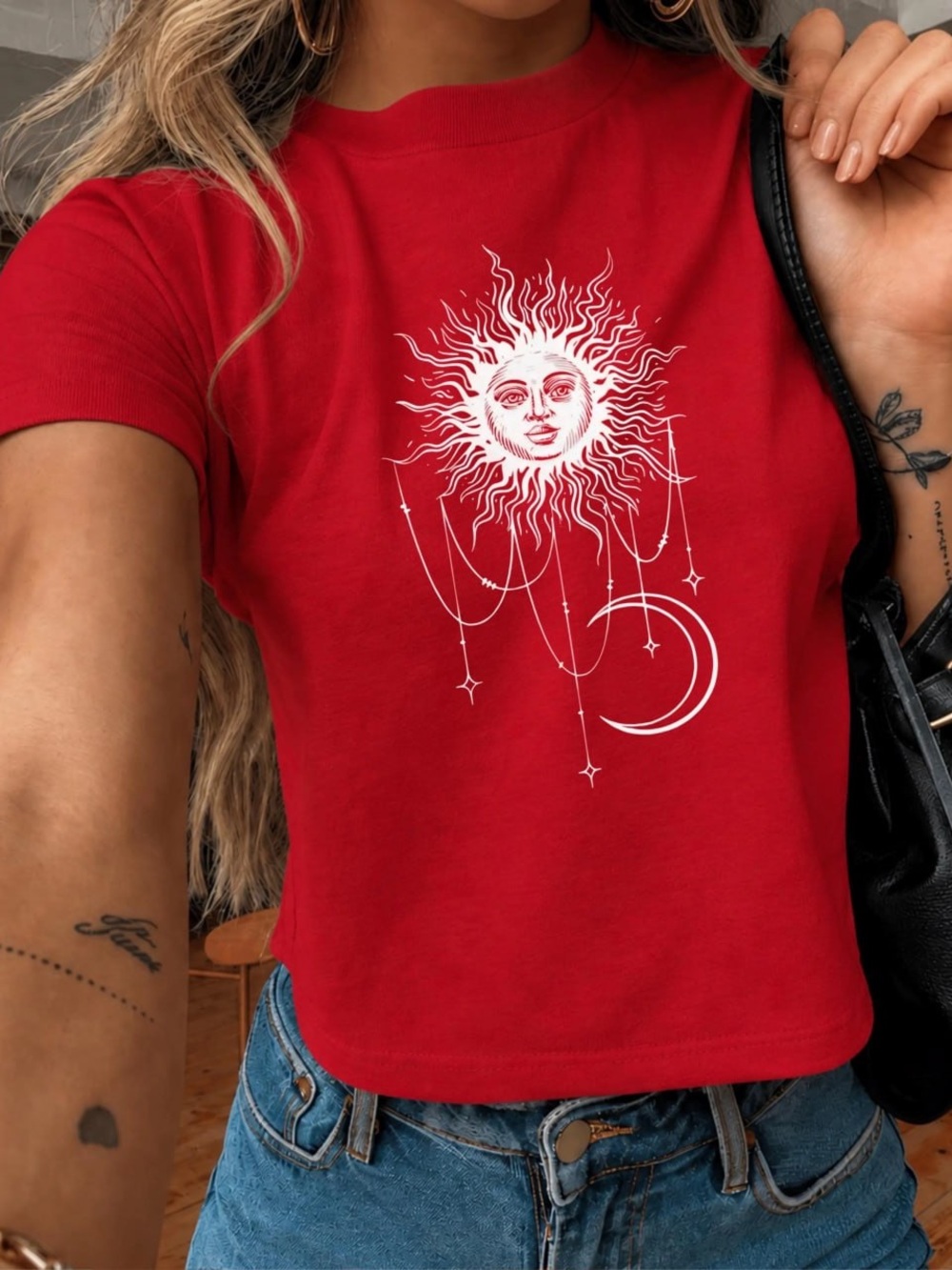 Red Graphic Sun & Moon Baby Tee - Women